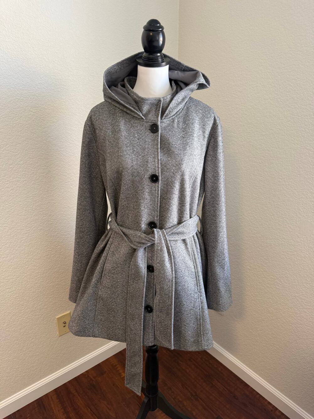 41 Hawthorn Hooded Belted Herringbone Coat Jacket Charcoal Gray Tweed XXL Plus